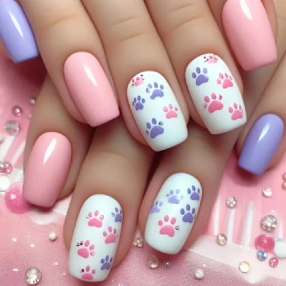 🔥3/$21 Pink and Purple Paw Print Press On Nails